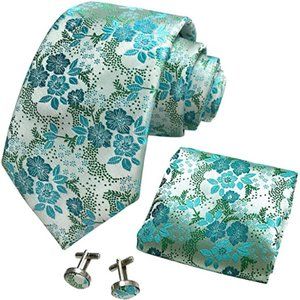 Aqua Mint Green Floral Men Tie Pocket Square Cufflinks Set